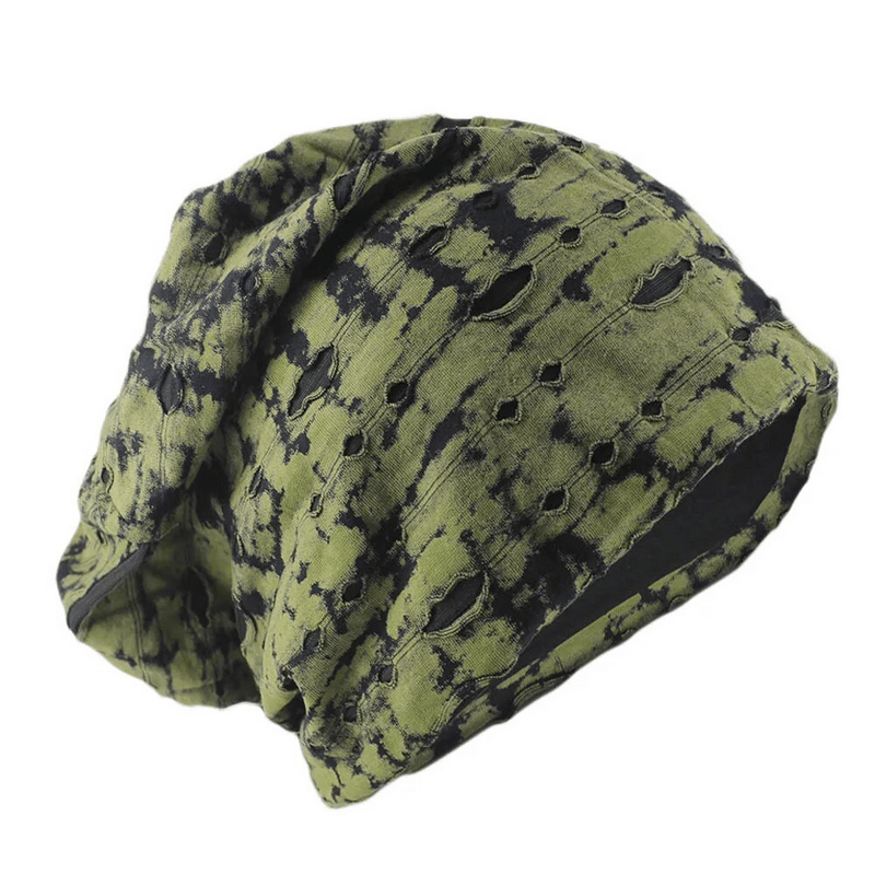Fashionable men's beanie with ripped holes and geometric pattern, perfect for casual wear. Made of polyester, SF1687 keeps you warm in style.